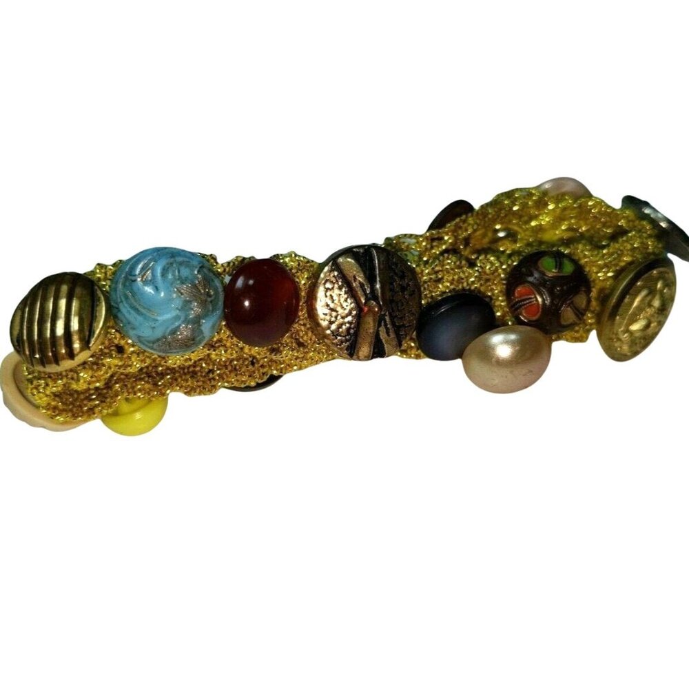 Gold Crochet Bracelet Adorned With Vintage Buttons & Beads A319